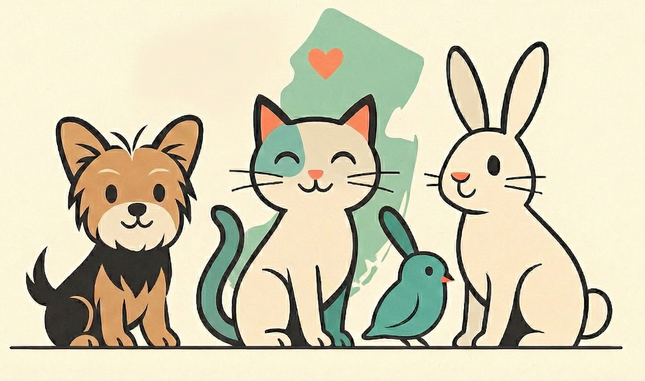 NWNJ Pets illustration showing a Yorkie, cat, bird, and rabbit in front of a New Jersey outline with a heart over Northwest New Jersey